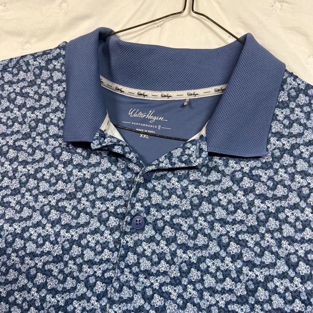 Walter Hagen Mens XXL Blue Floral Performance Golf Polo Shirt Short Sleeve